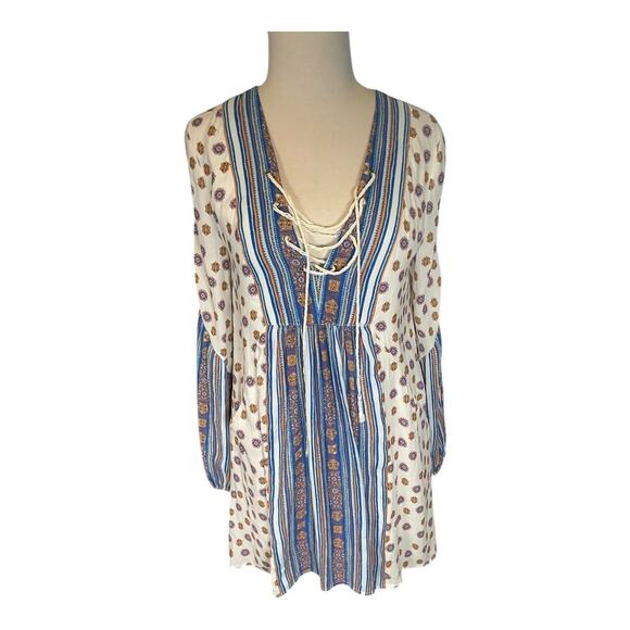 Free People Womens Ivory Blue Boho Pebble Rain Tunic Dress Size XS Pockets Short - Picture 9 of 14